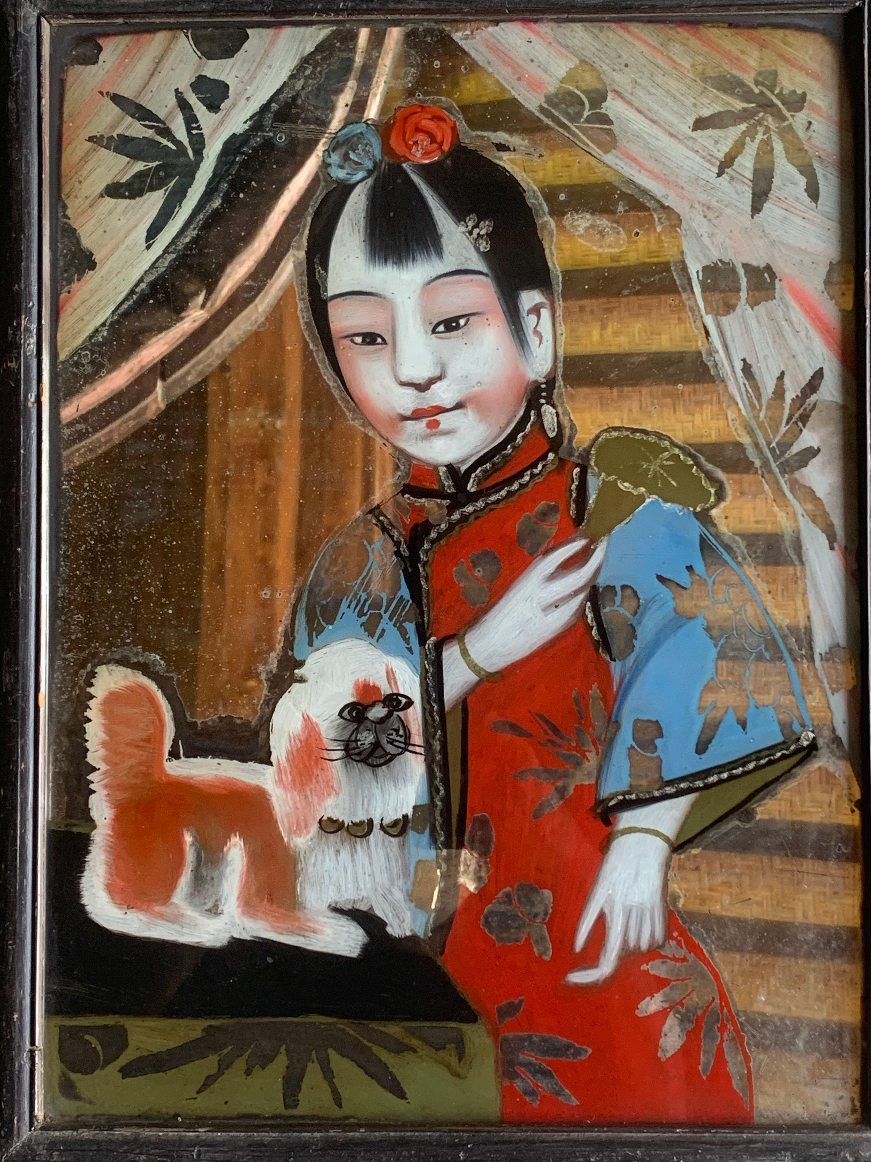 Hand-Crafted Pair of Chinese Reverse Glass Paintings, Early 20th Century For Sale