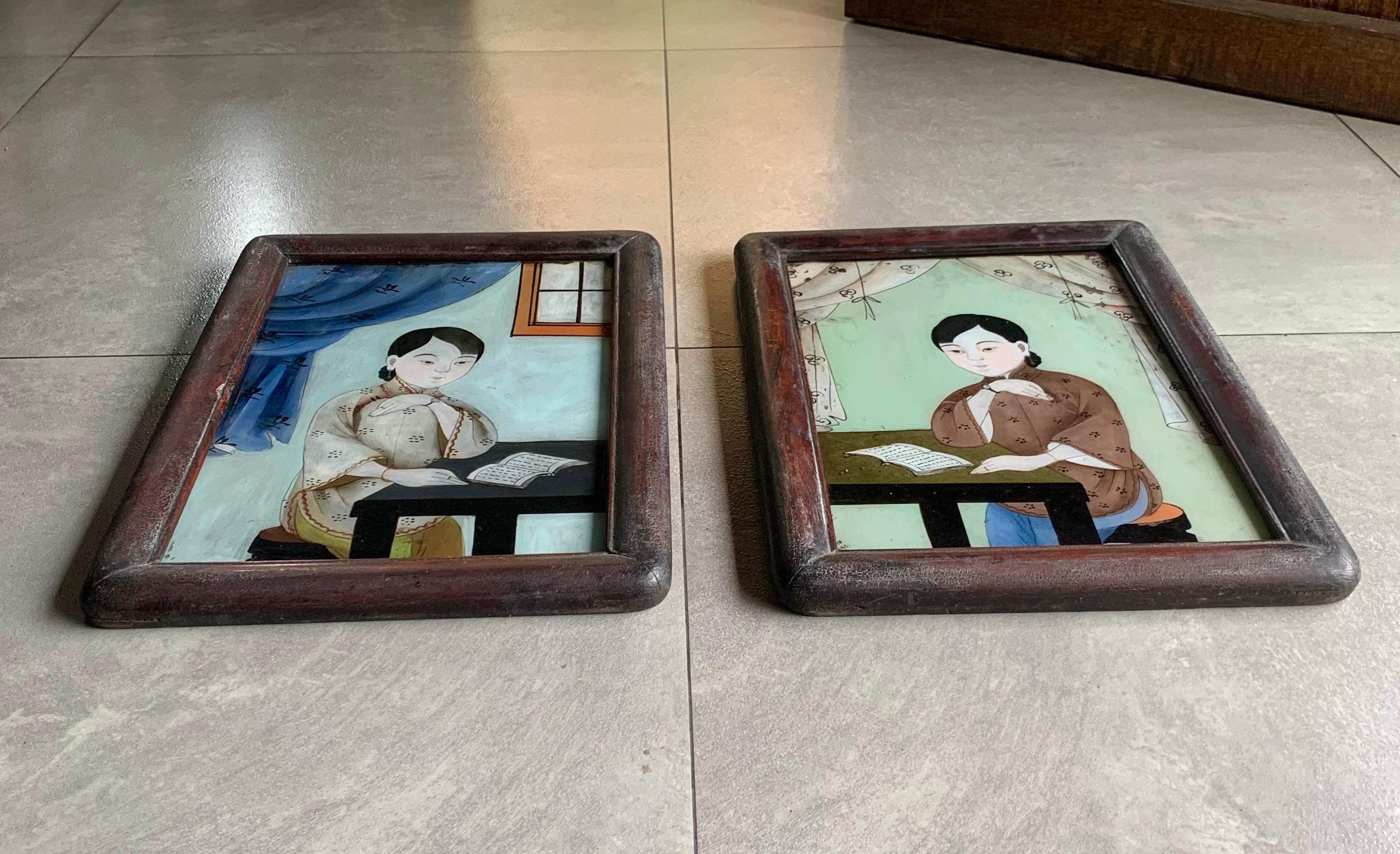 Pair of Chinese Reverse Glass Paintings, Early 20th Century 1