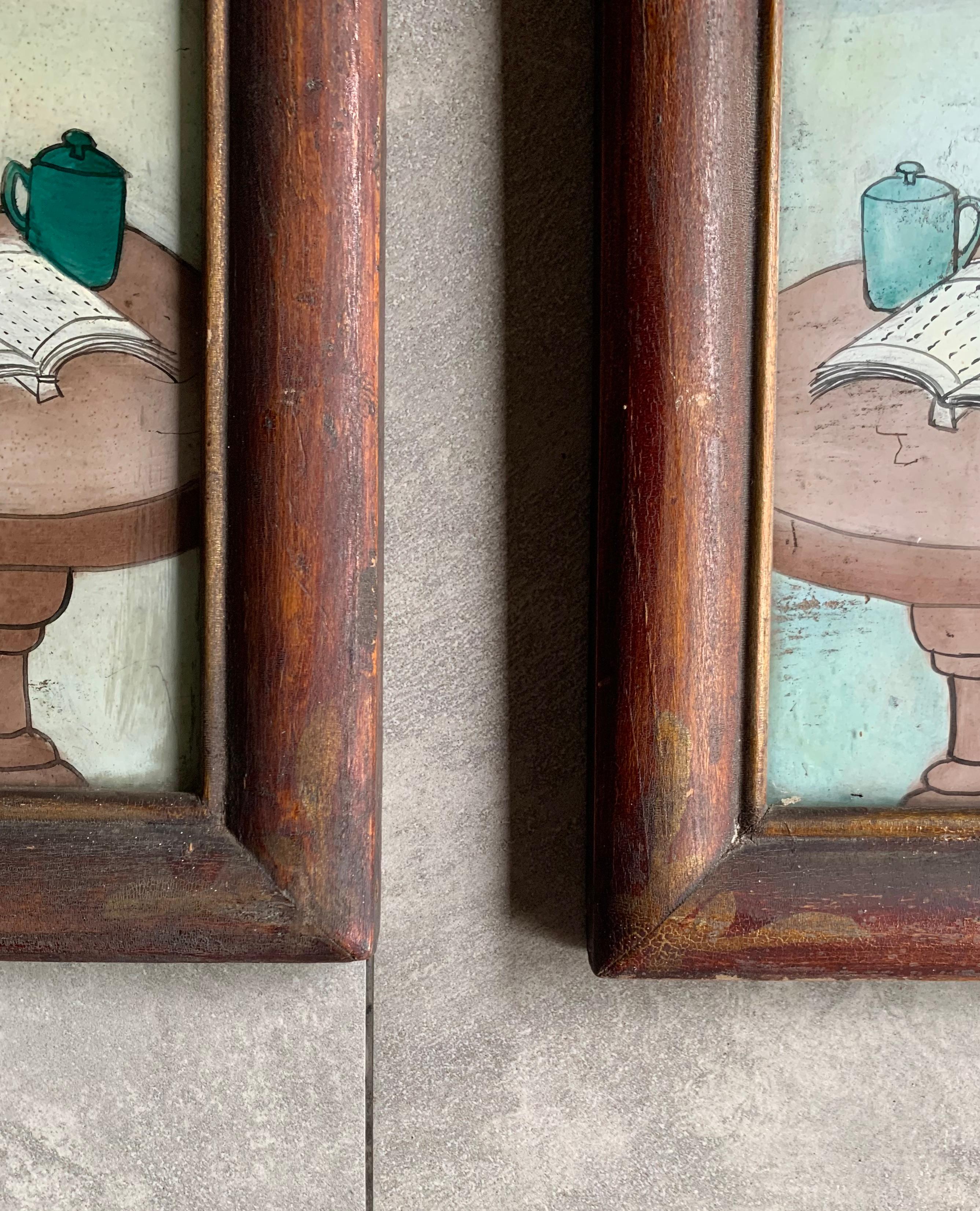 Pair of Chinese Reverse Glass Paintings, Early 20th Century In Good Condition In Jimbaran, Bali