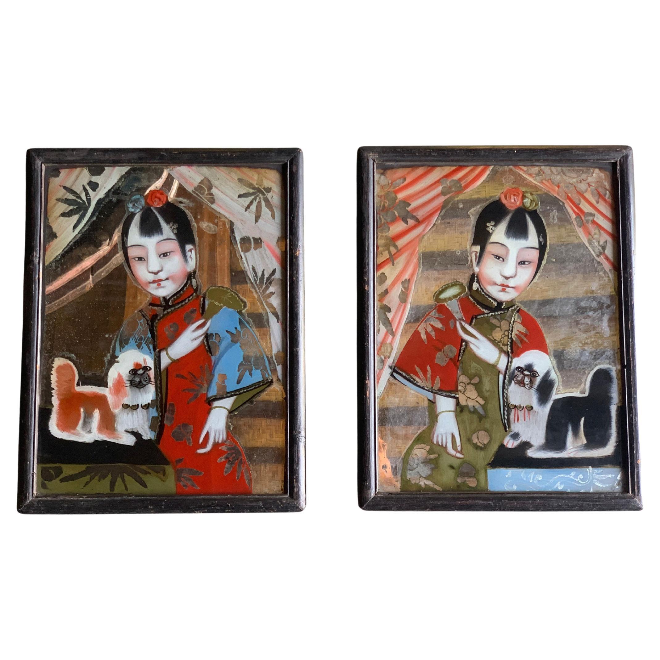 Pair of Chinese Reverse Glass Paintings, Early 20th Century For Sale