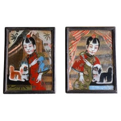 Antique Pair of Chinese Reverse Glass Paintings, Early 20th Century