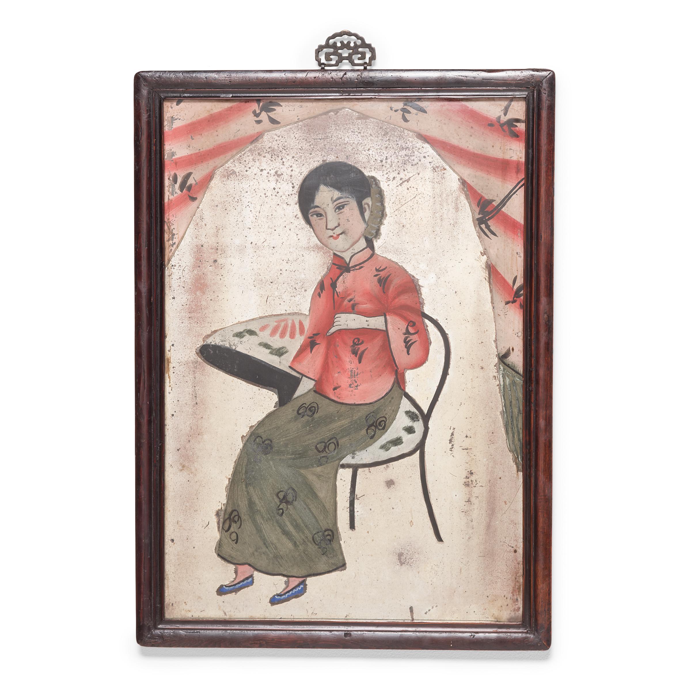 Pair of Chinese Reverse Glass Portrait Paintings, circa 1900 In Good Condition In Chicago, IL