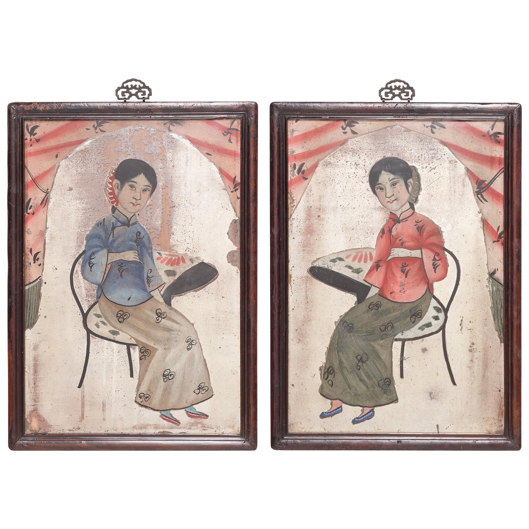 Pair of Chinese Reverse Glass Portrait Paintings, circa 1900