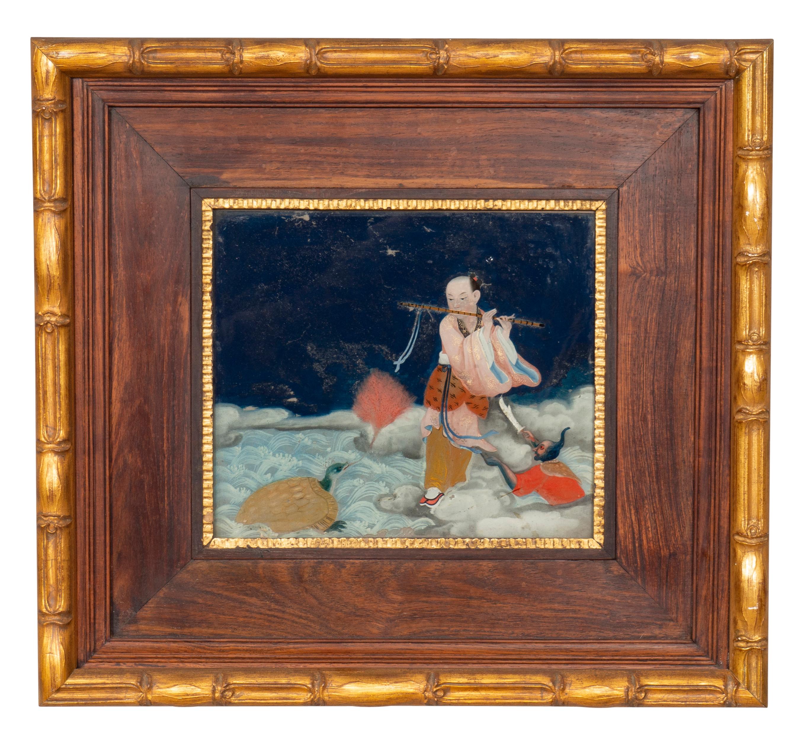 Each nicely painted in reverse. One depicting a boy playing a flute to a terrapin in a sea and the other a man in a sea rising over a man floating in a shell. Carved wood frames.
