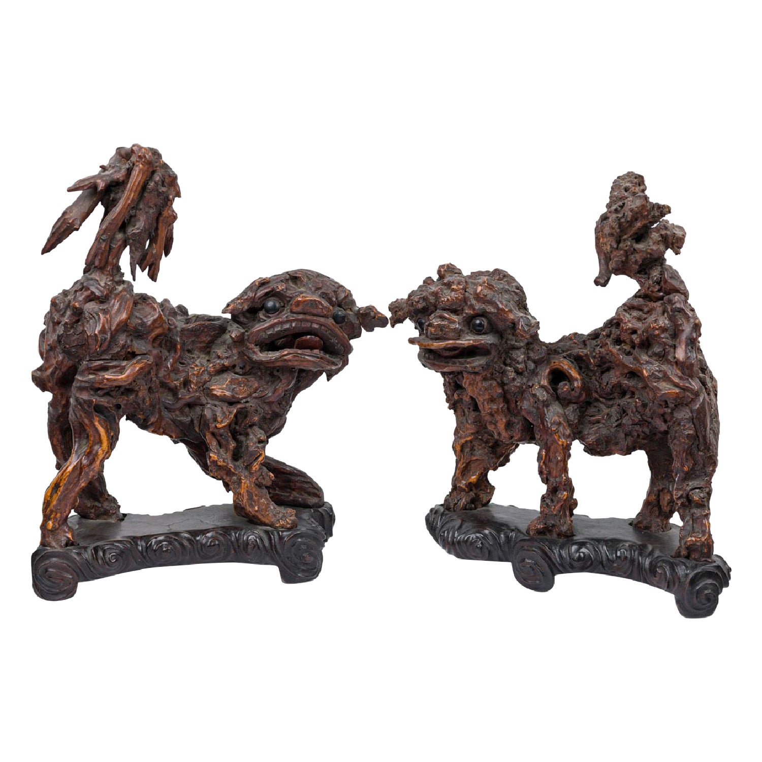 Pair of Chinese Root Foo Dog Figures For Sale