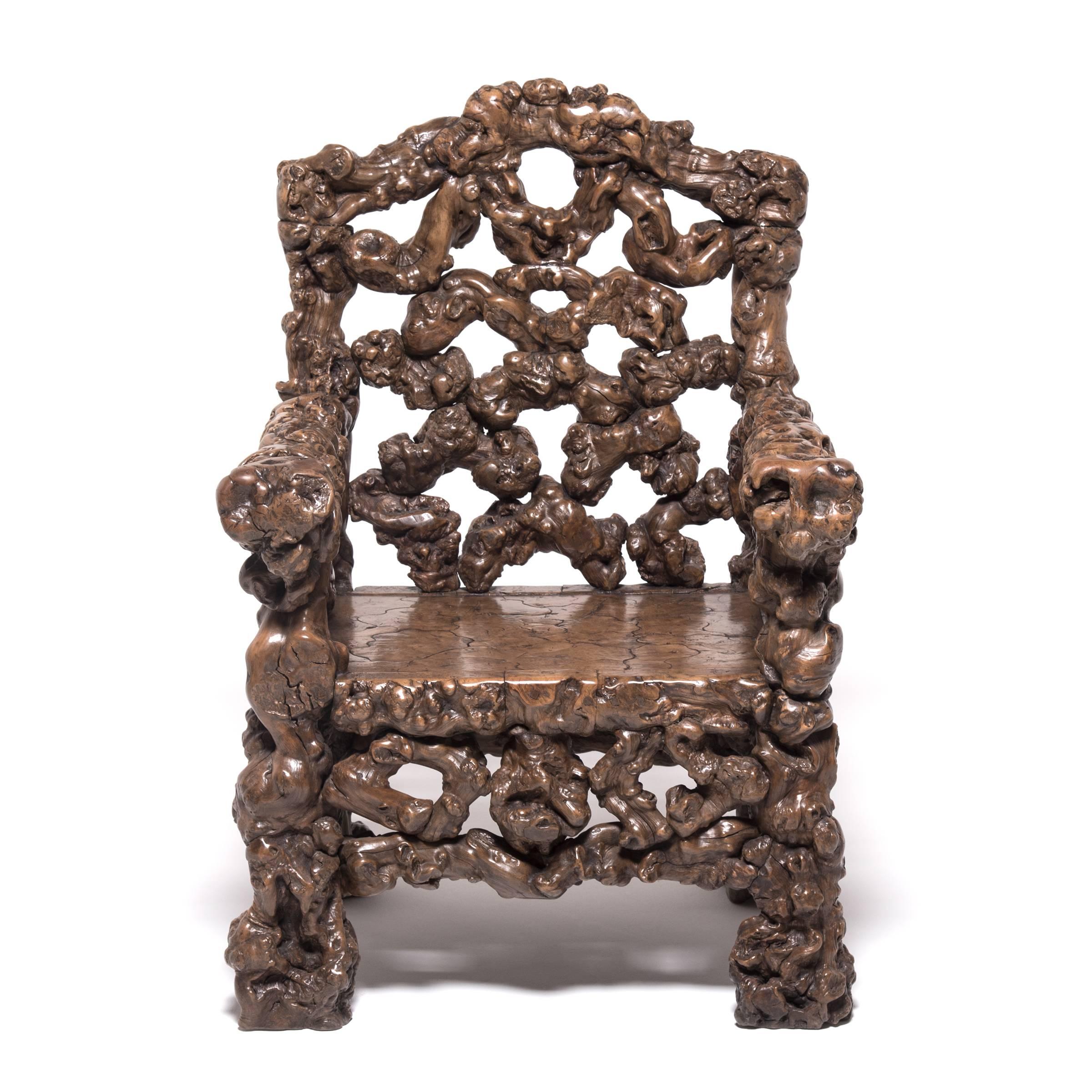 Rootwood furniture carried enough prestige and symbolic meaning that Chinese emperor Minghuang (c. 970) was painted for his portrait while sitting in a root chair. Naturally knotted and untamed, rootwood furniture reflected a cultivated taste for