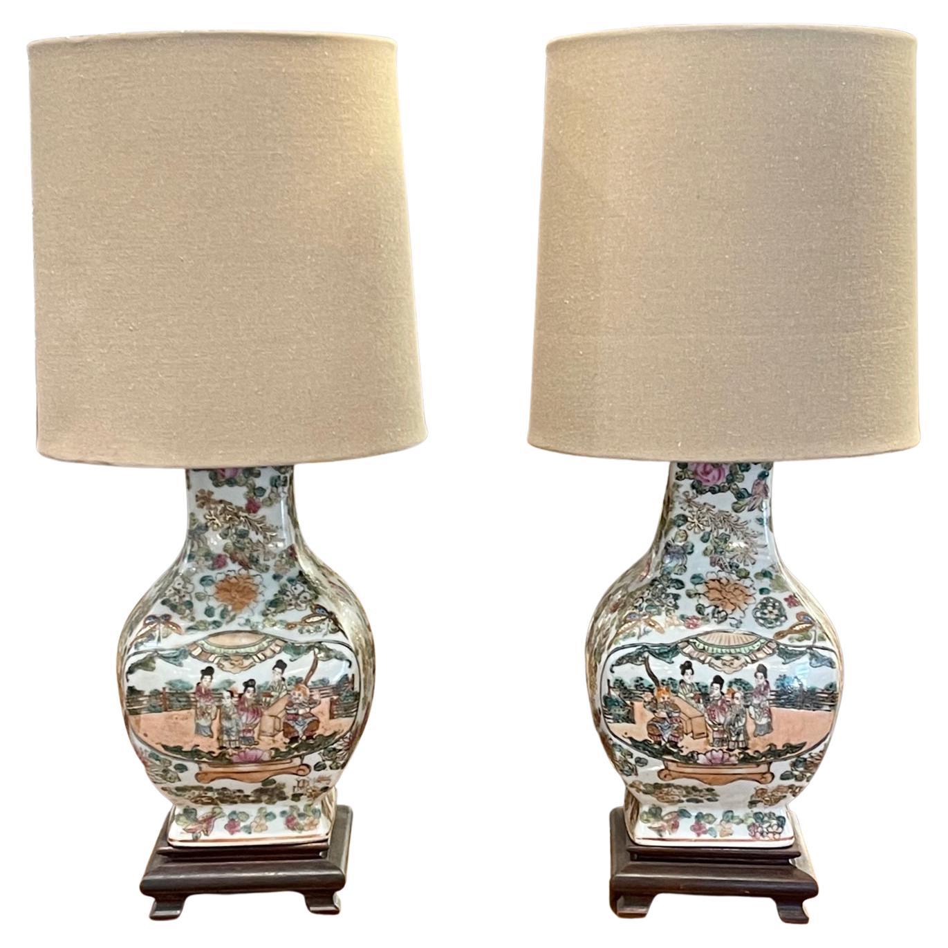 Pair of Chinese Rose Mandarin Lamps For Sale