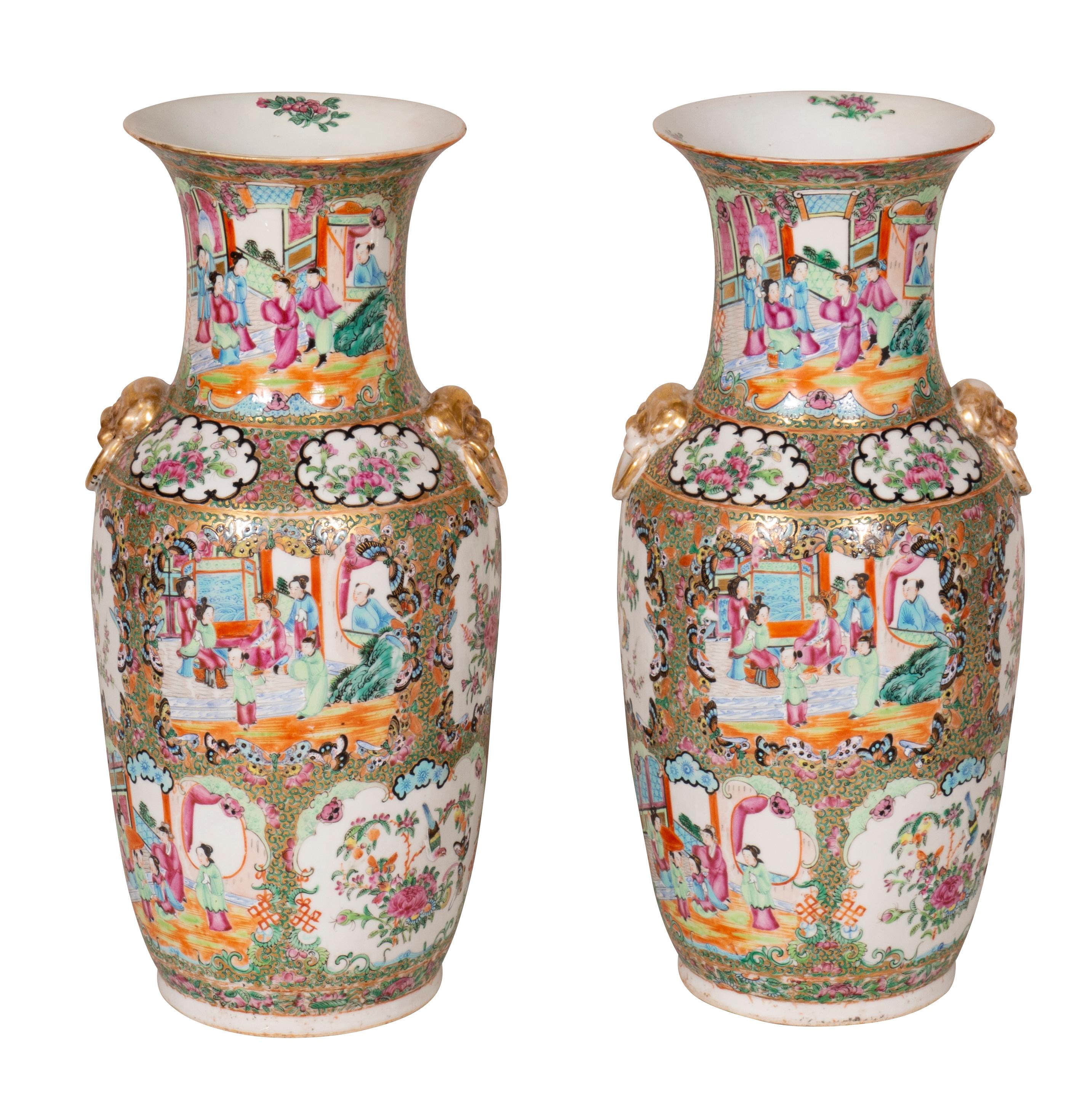 Chinese Export Pair of Chinese Rose Mandarin Vases