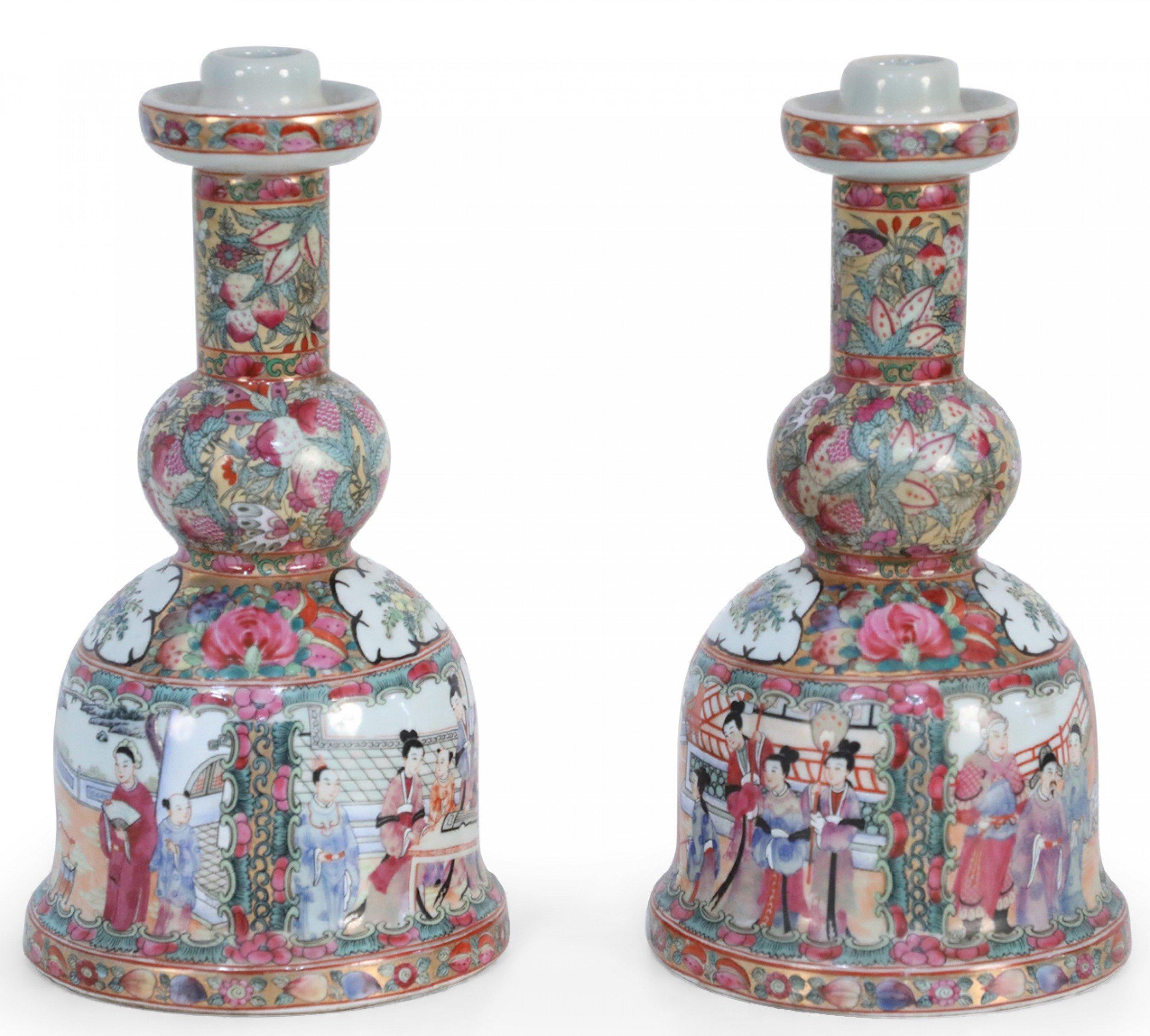 Pair of Chinese Rose Medallion and Genre Scene Candle Holders For Sale 4