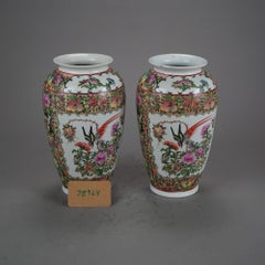 Pair of Chinese Rose Medallion Enameled Porcelain Vases with Garden Scene 20thC
