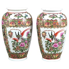 Pair of Chinese Rose Medallion Enameled Porcelain Vases with Garden Scene 20thC