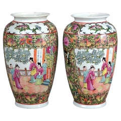 Pair of Chinese Rose Medallion Enameled Porcelain Vases with Genre Scenes 20thC