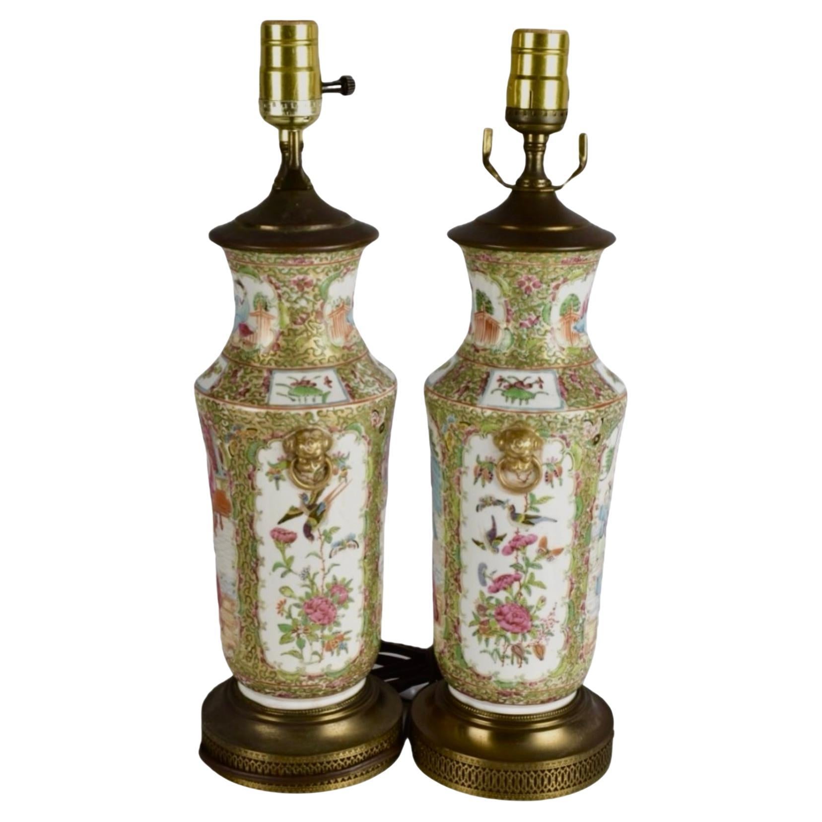 Pair of Chinese Rose Medallion Lamps