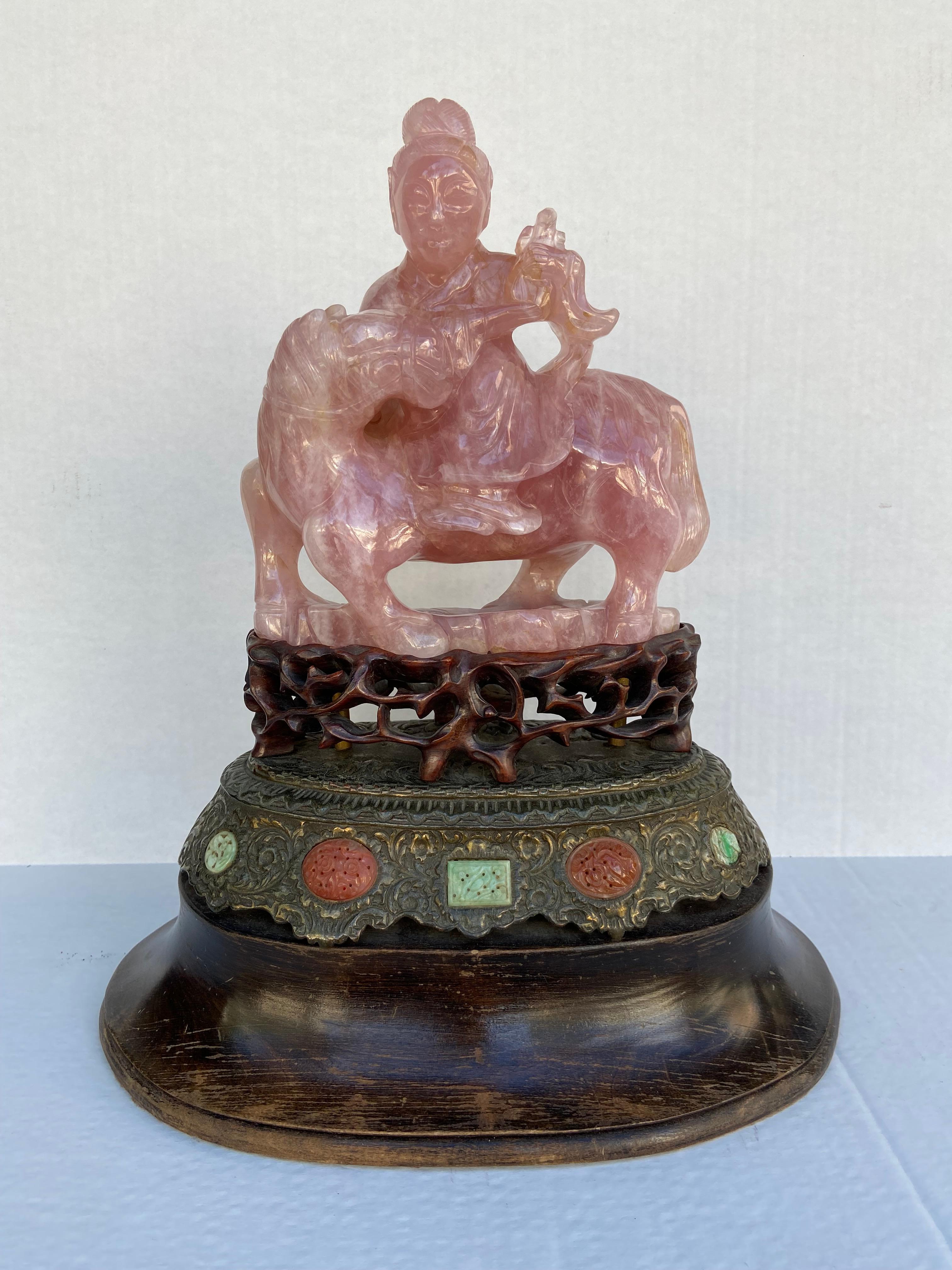 Chinese Export Pair of Chinese Rose Pink Quartz Guan Yin Equestrian Statues For Sale