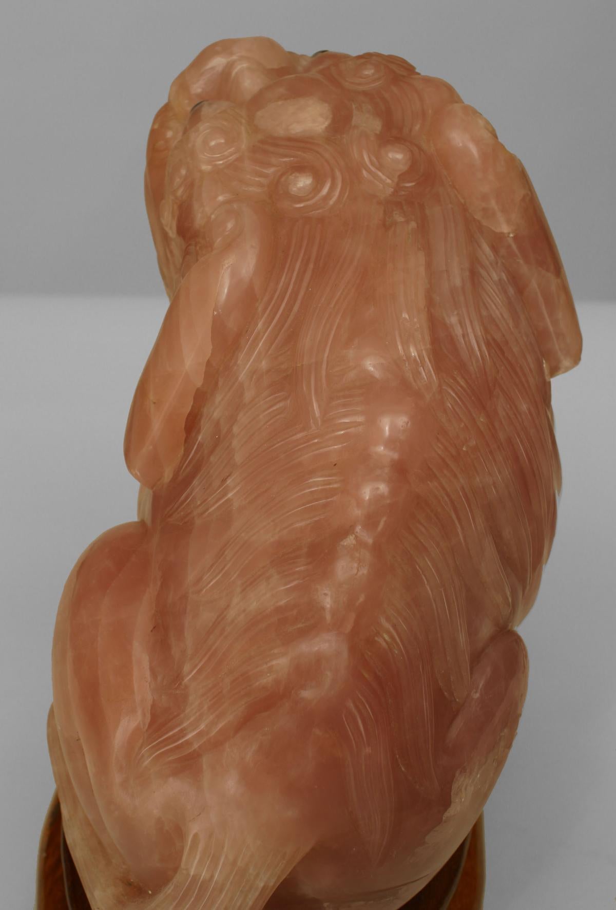 Chinese Export Pair of Chinese Rose Quartz Foo Dogs