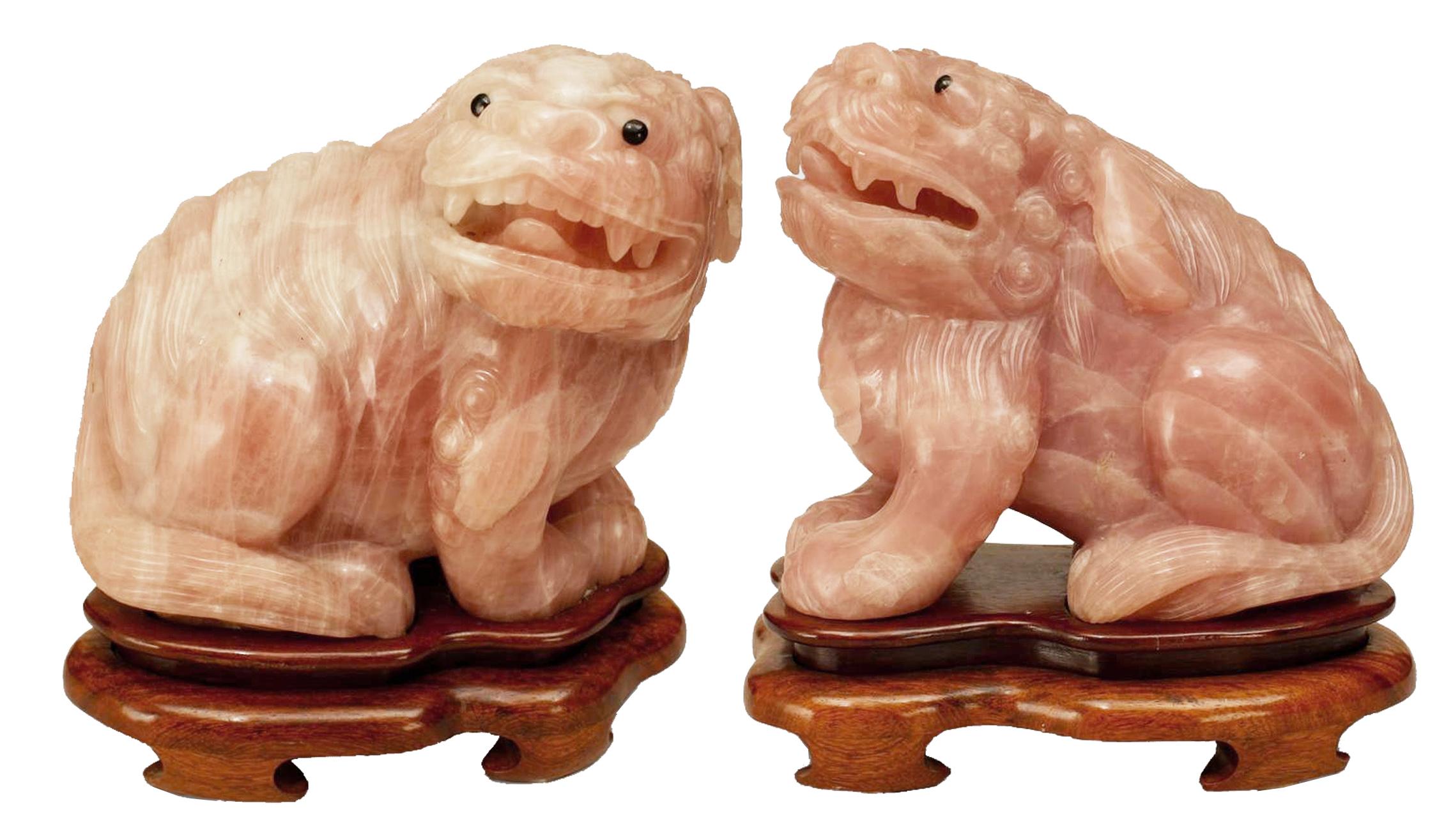 Pareja de Perros Foo Chinos de Cuarzo Rosa en venta 1
