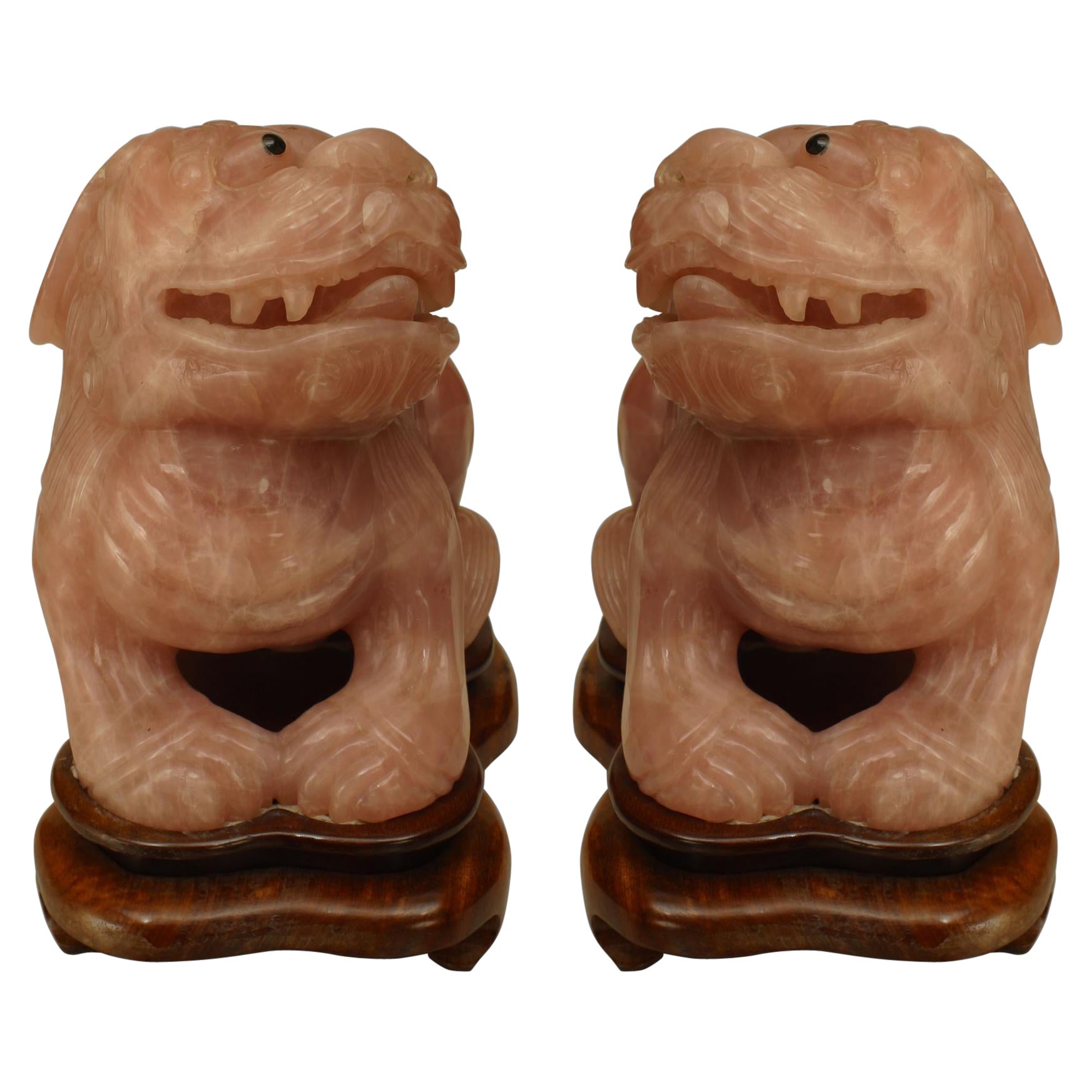 Pair of Chinese Rose Quartz Foo Dogs