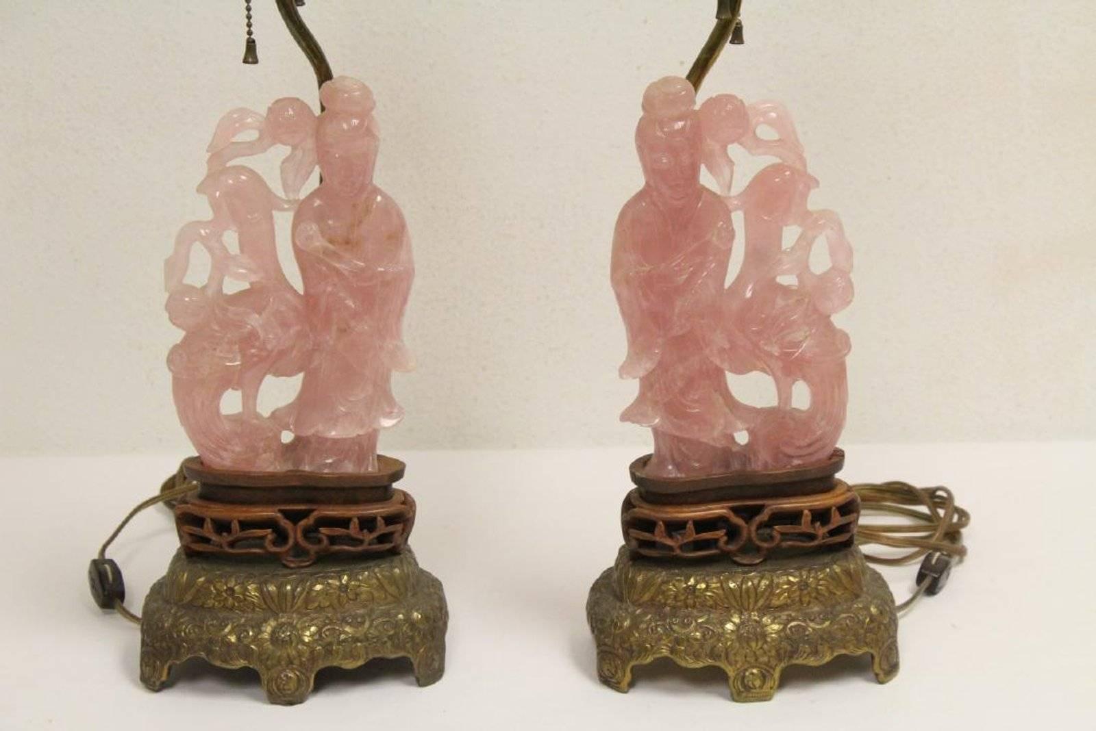 Hand-Carved Pair of Chinese Rose Quartz Lamps, Early 20th Century