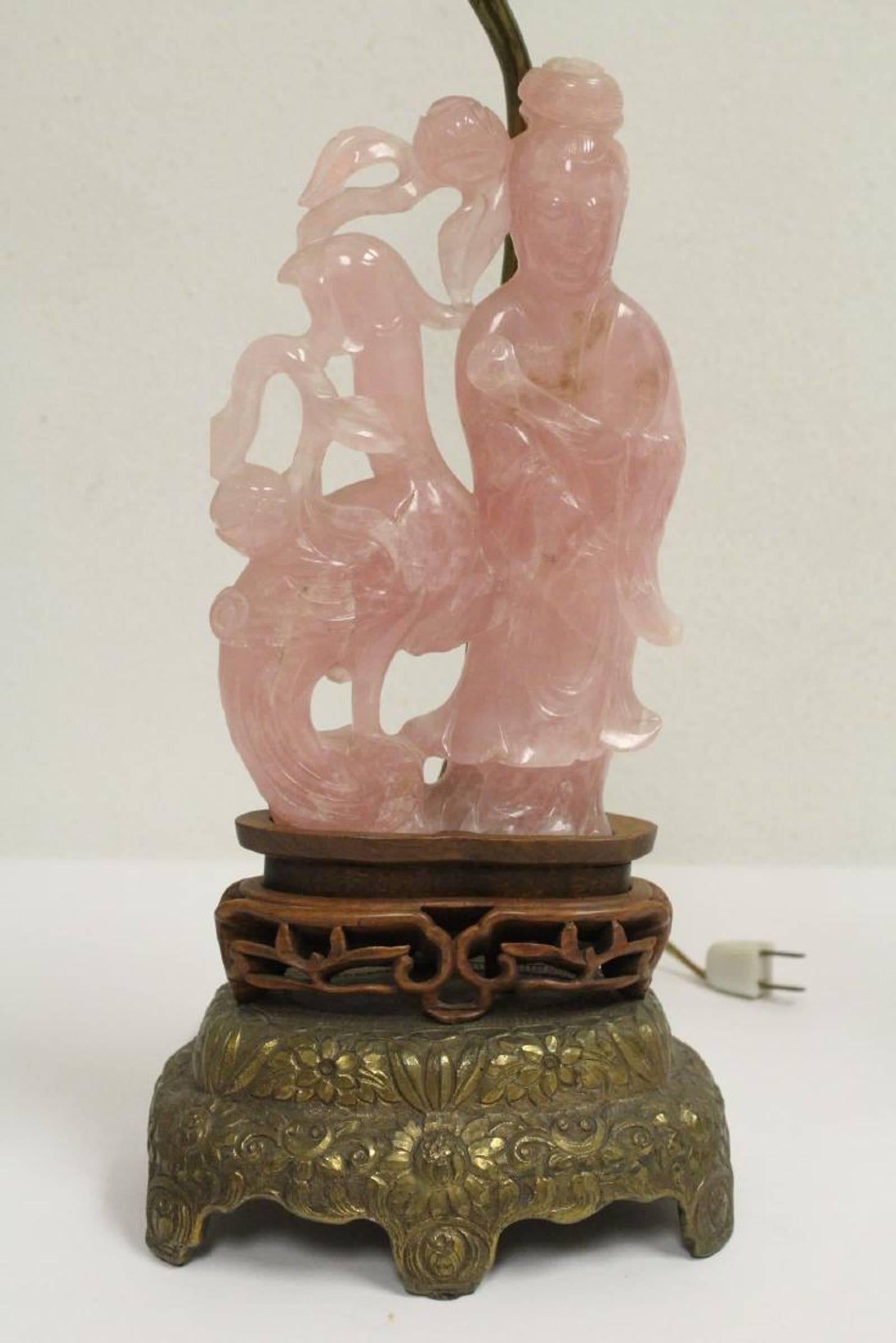 Pair of Chinese Rose Quartz Lamps, Early 20th Century In Good Condition In Cypress, CA