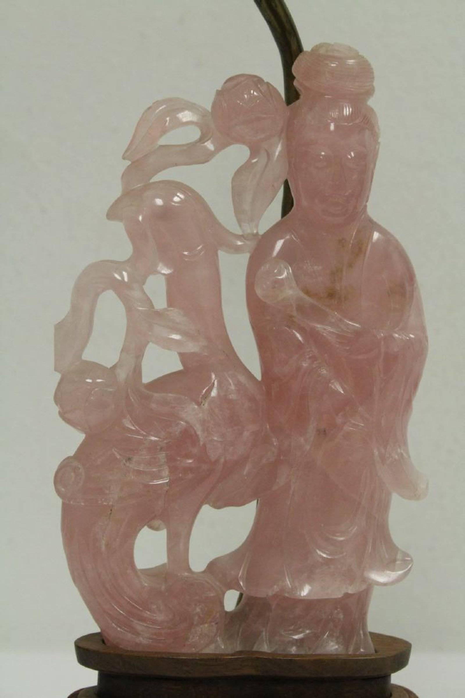 Bronze Pair of Chinese Rose Quartz Lamps, Early 20th Century