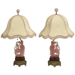 Pair of Chinese Rose Quartz Lamps, Early 20th Century