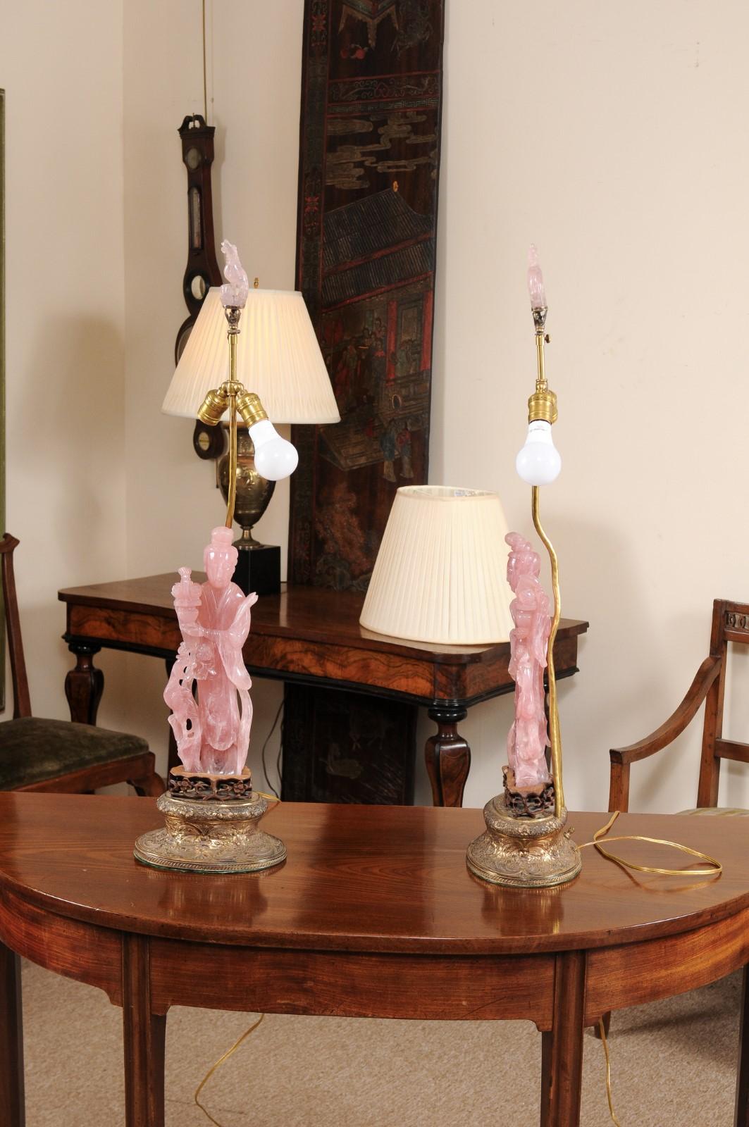Pair of Chinese Rose Quartz Rose Figural Lamps, circa 1920 5