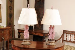 Pair of Chinese Rose Quartz Rose Figural Lamps, circa 1920