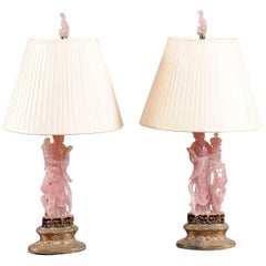 Antique Pair of Chinese Rose Quartz Rose Figural Lamps, circa 1920