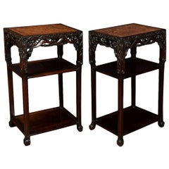 Pair of Chinese Rosewood and Marble Urn Stands