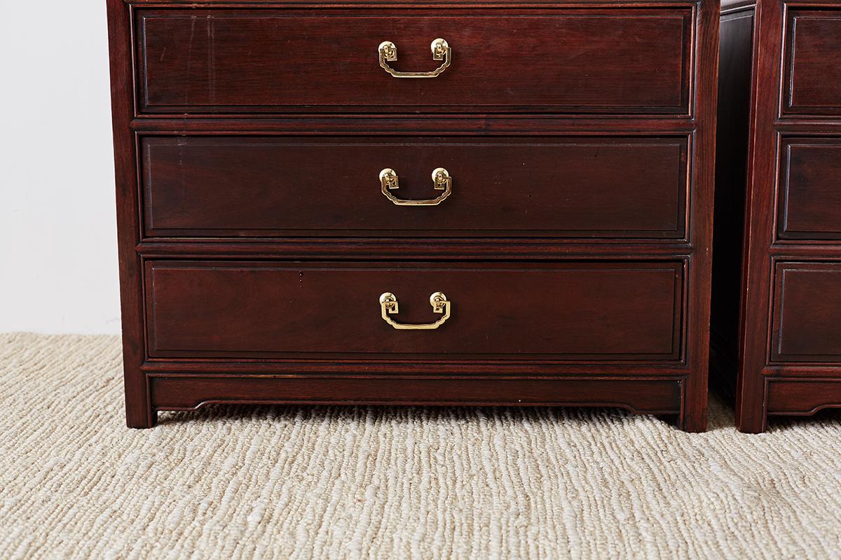 Brass Pair of Chinese Rosewood Bedside Chests or Commodes