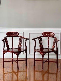 Pair of Chinese Rosewood Corner Chairs with Mother-of-Pearl Inlay, c. 1940