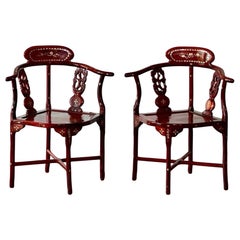 Pair of Chinese Rosewood Corner Chairs with Mother-of-Pearl Inlay, c. 1940