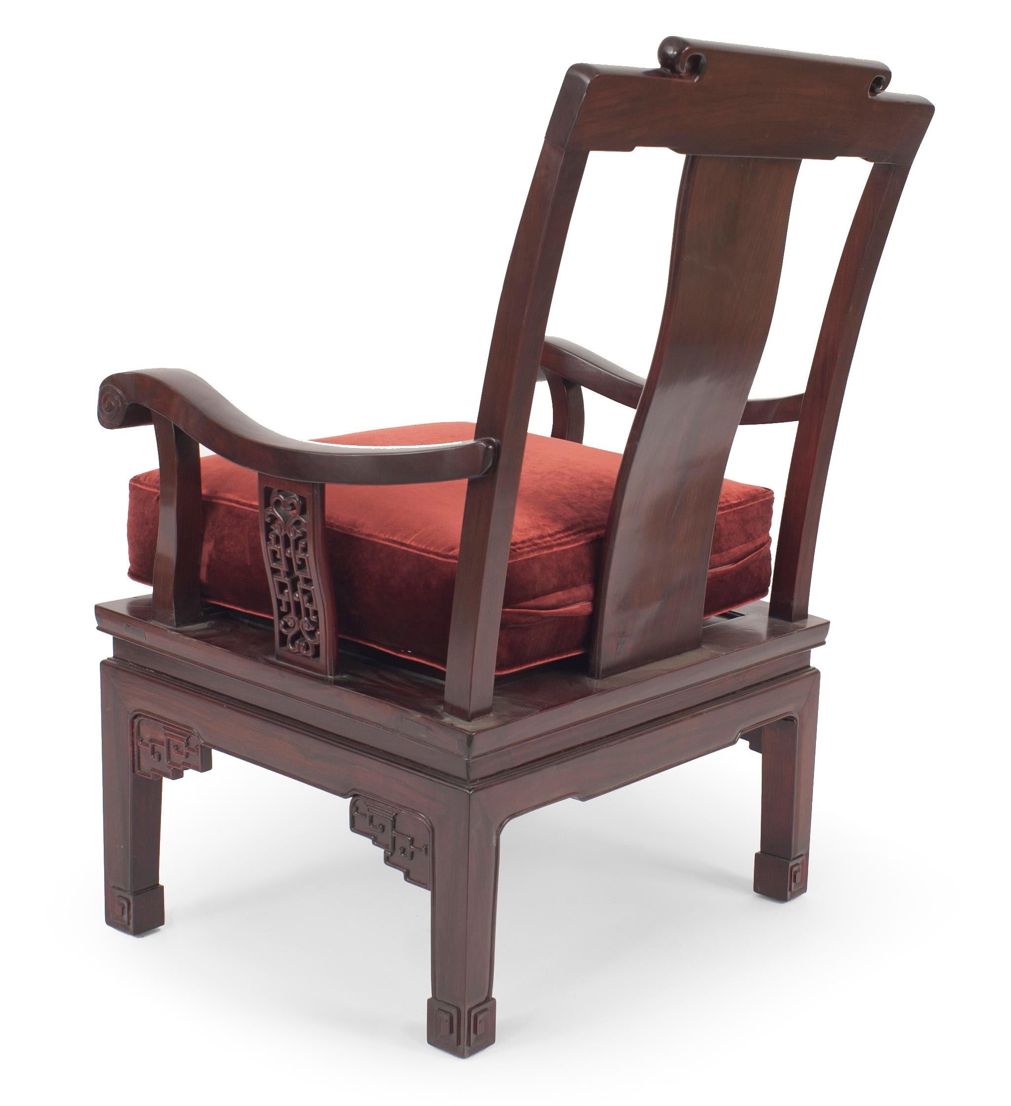 Carved Pair of Chinese Rosewood Cushioned Armchairs For Sale