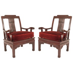 Vintage Pair of Chinese Rosewood Cushioned Armchairs