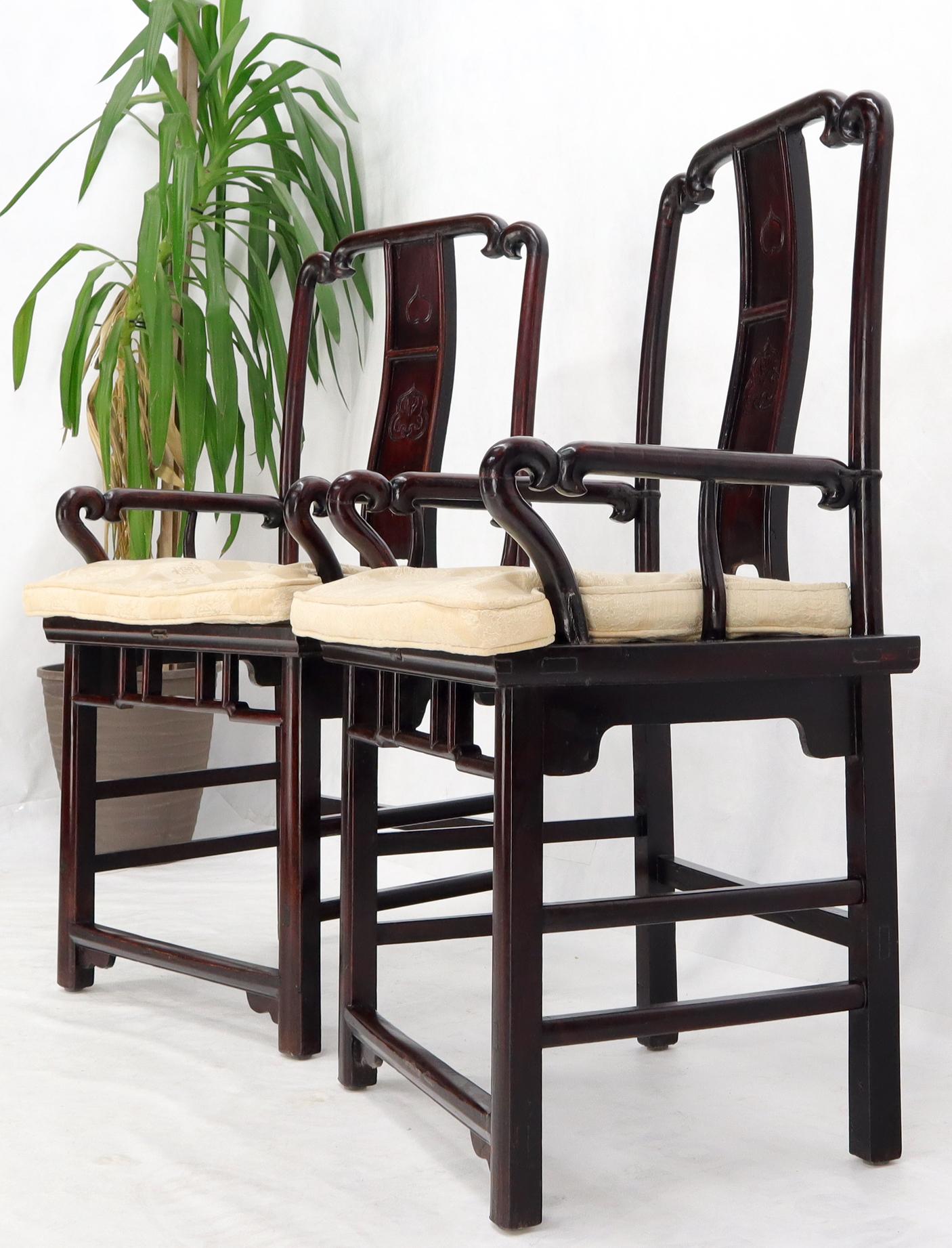 Chinese Chippendale Pair of Chinese Rosewood Nicely Carved Arm Side Chairs For Sale
