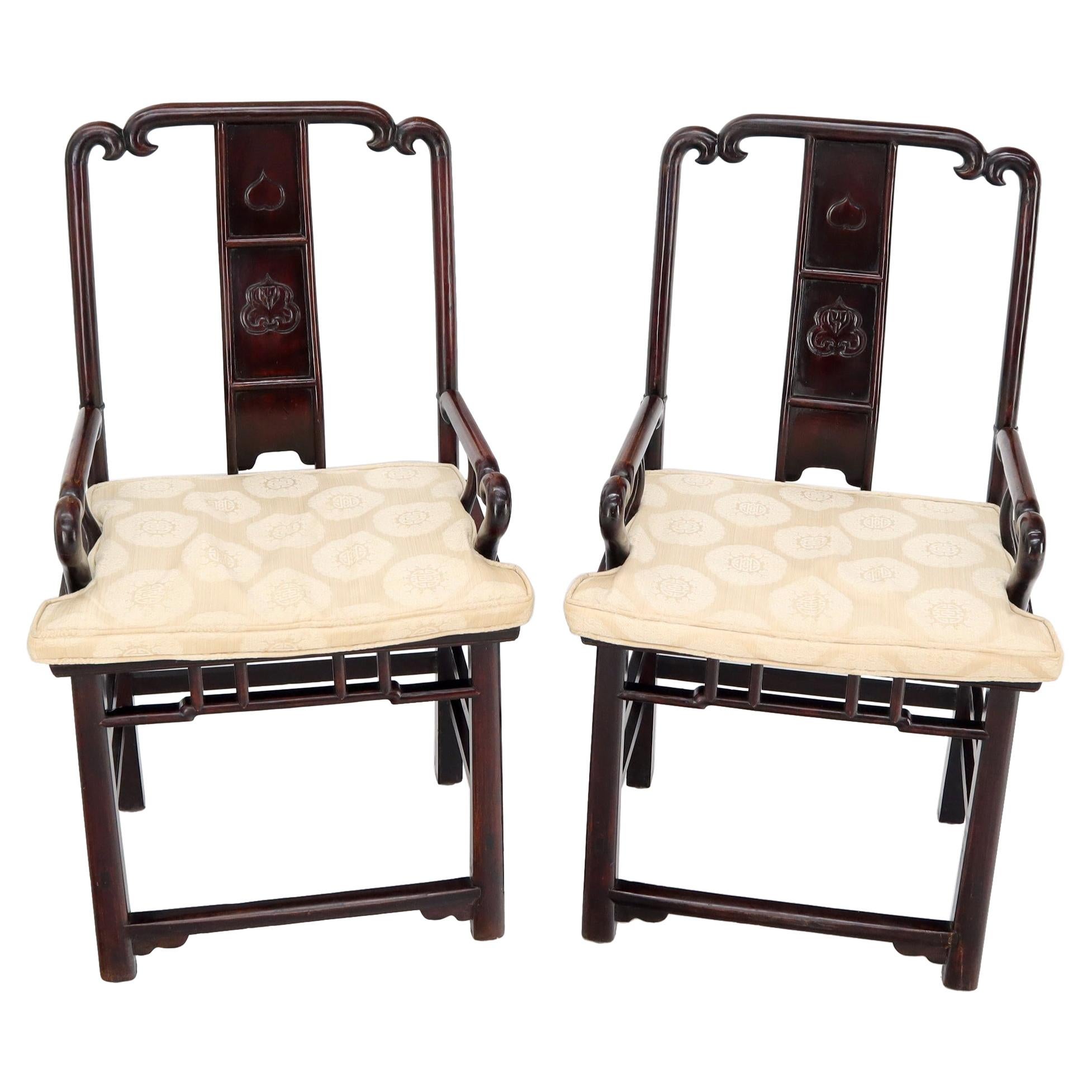 Pair of Chinese Rosewood Nicely Carved Arm Side Chairs For Sale