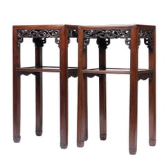 Pair of Chinese Rosewood Tea Tables with Marble Tops, 1850-1900