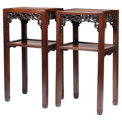 Antique Pair of Chinese Rosewood Tea Tables with Marble Tops, 1850-1900