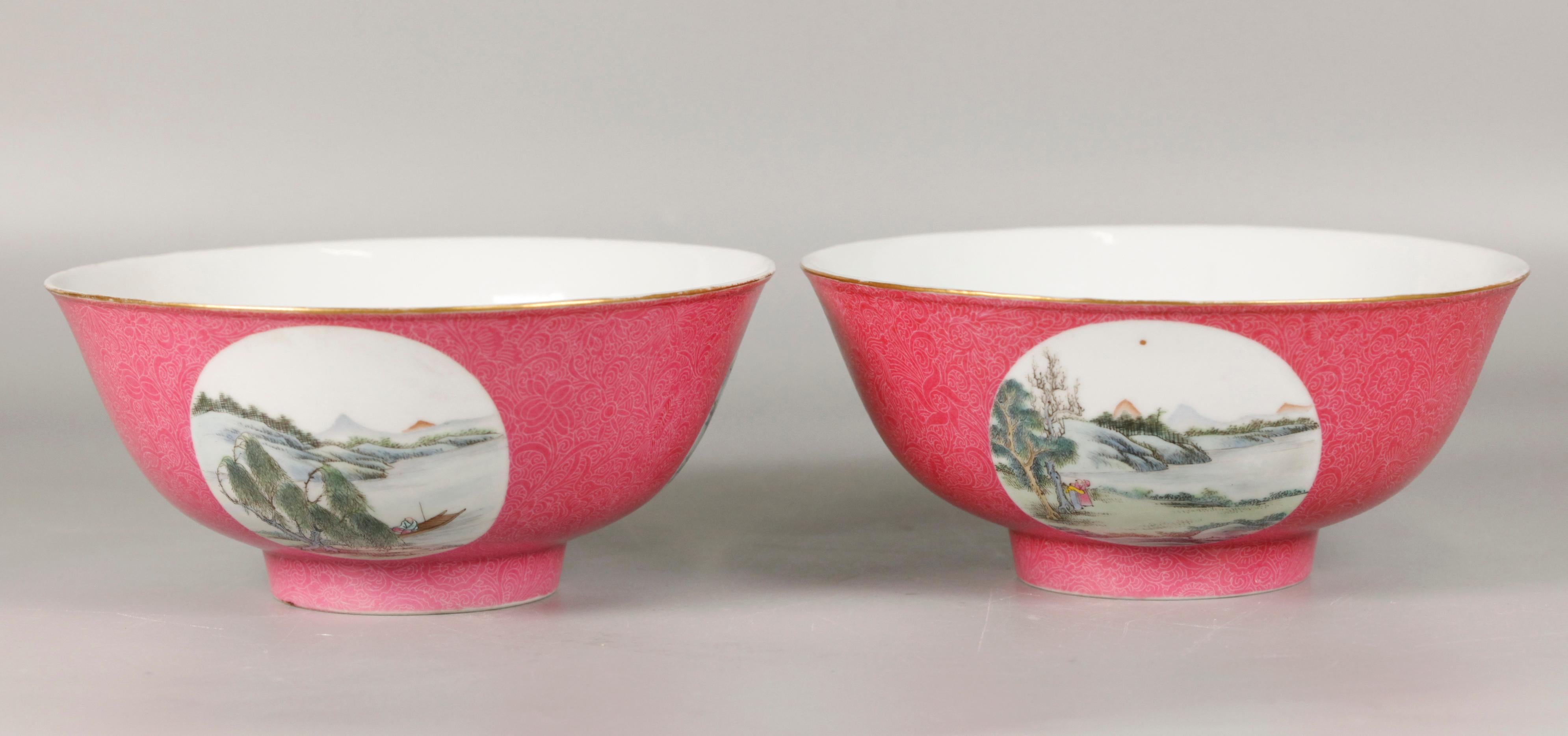par de cuencos chinos de porcelana roja rubí, periodo republicano