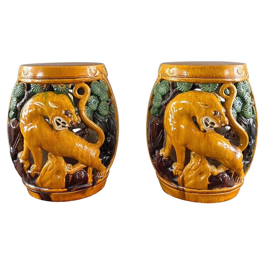 Pair Of Chinese Sancai Ceramic Garden Stools Decorated With Tigers, 20th Century For Sale