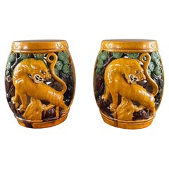 Pair Of Chinese Sancai Ceramic Garden Stools Decorated With Tigers, 20th Century