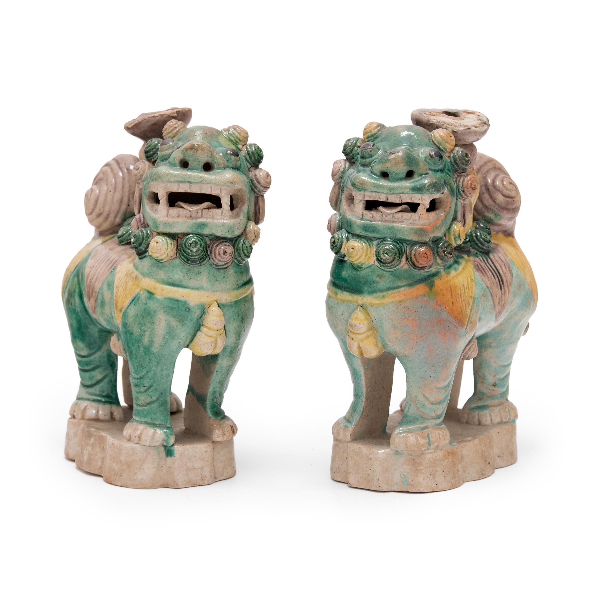 Qing Pair of Chinese Sancai Fu Dog Incense Burners, c. 1850 For Sale