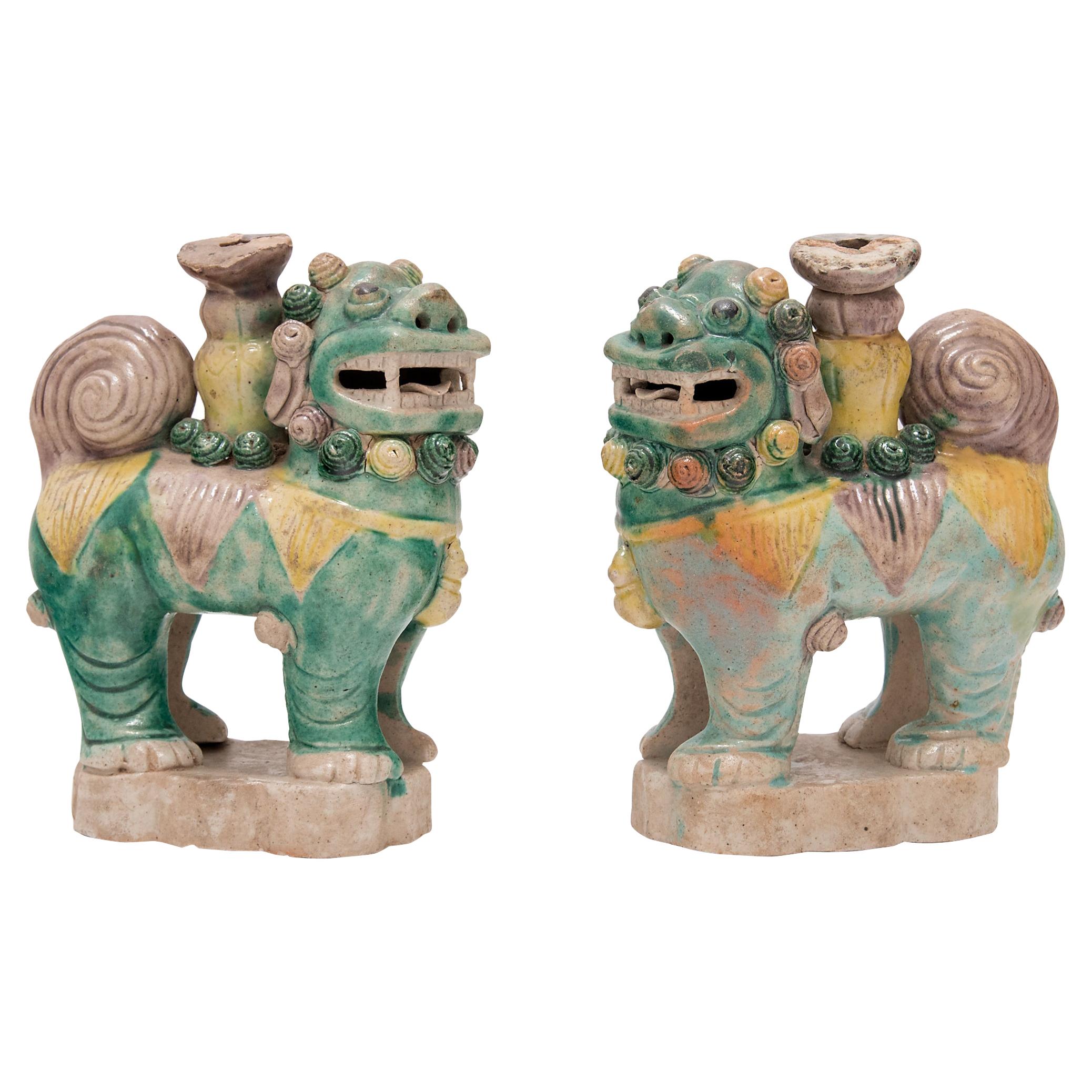 Pair of Chinese Sancai Fu Dog Incense Burners, c. 1850 For Sale