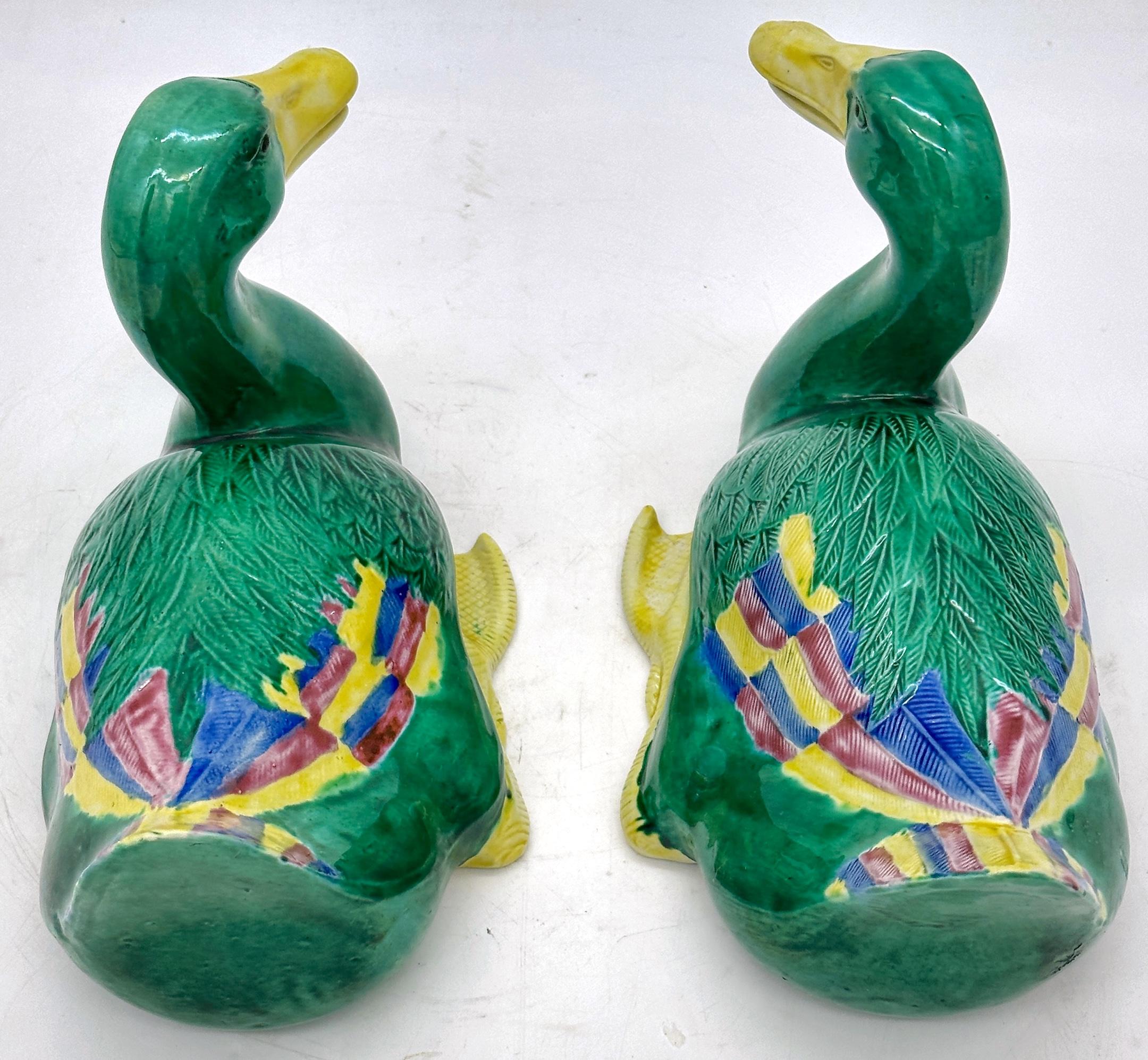 Porcelain Pair of Chinese Sancai Glazed Figures of Seated Ducks For Sale