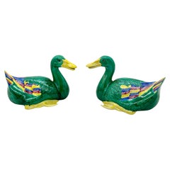 Vintage Pair of Chinese Sancai Glazed Figures of Seated Ducks