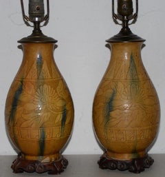 Pair of Chinese Sancai Style Glazed Ceramic Lamps, circa 1940s