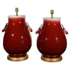 Vintage Pair of Chinese Sang De Boeuf Deer Head Porcelain Table Lamps