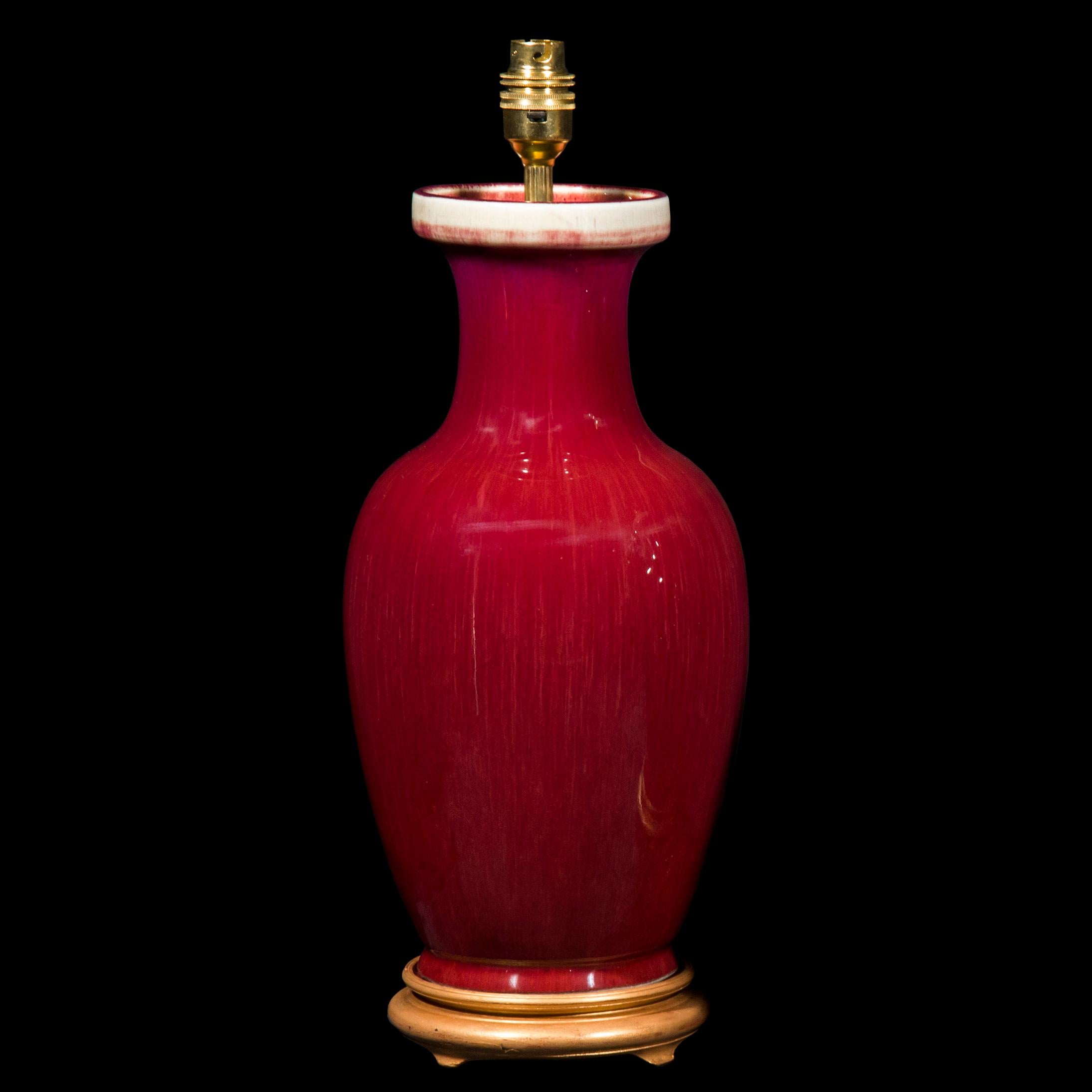 20th Century Pair of Chinese Sang-de-Boeuf Oxblood Glazed Porcelain Vase Lamps