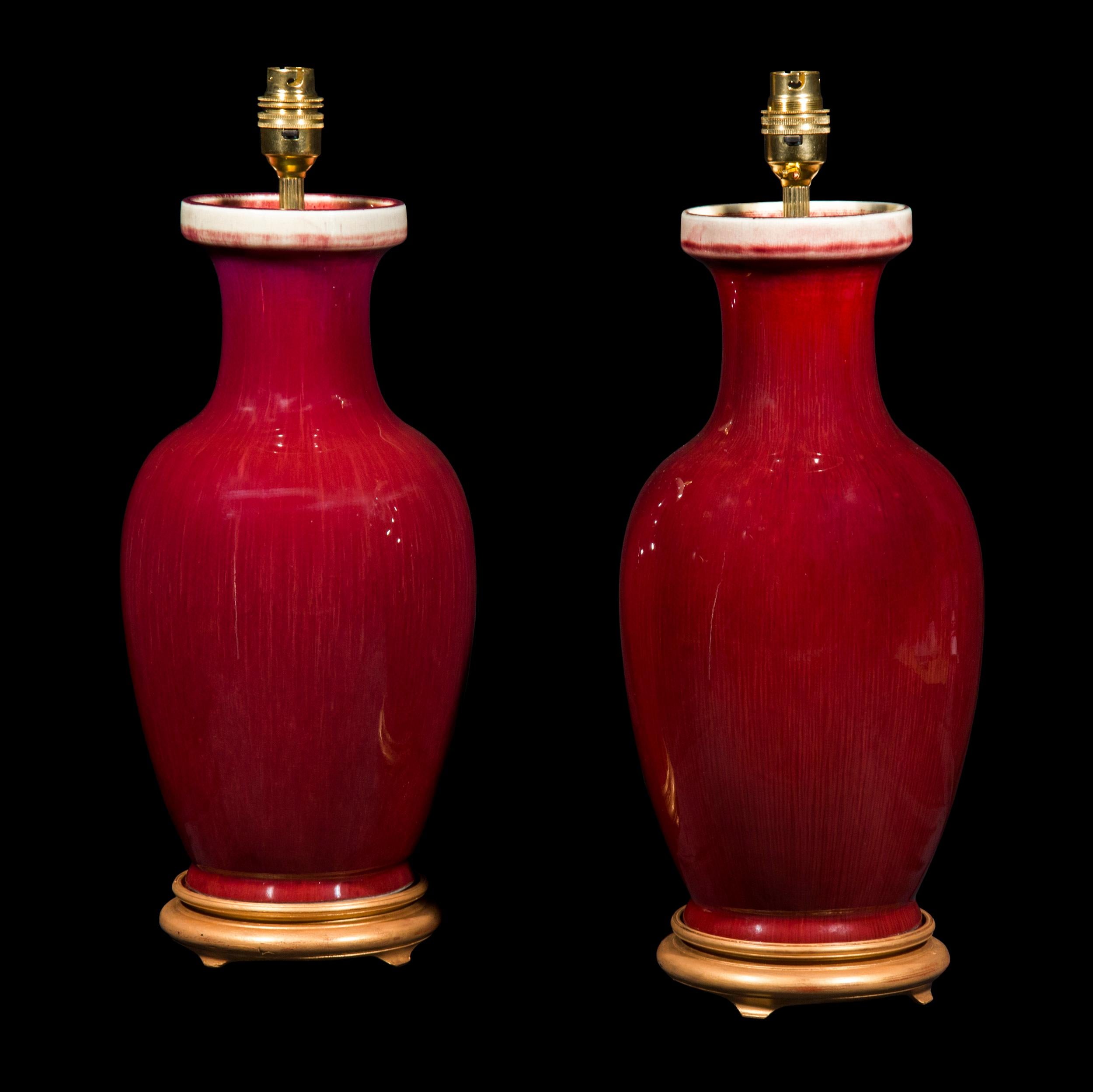 Pair of Chinese Sang-de-Boeuf Oxblood Glazed Porcelain Vase Lamps 1