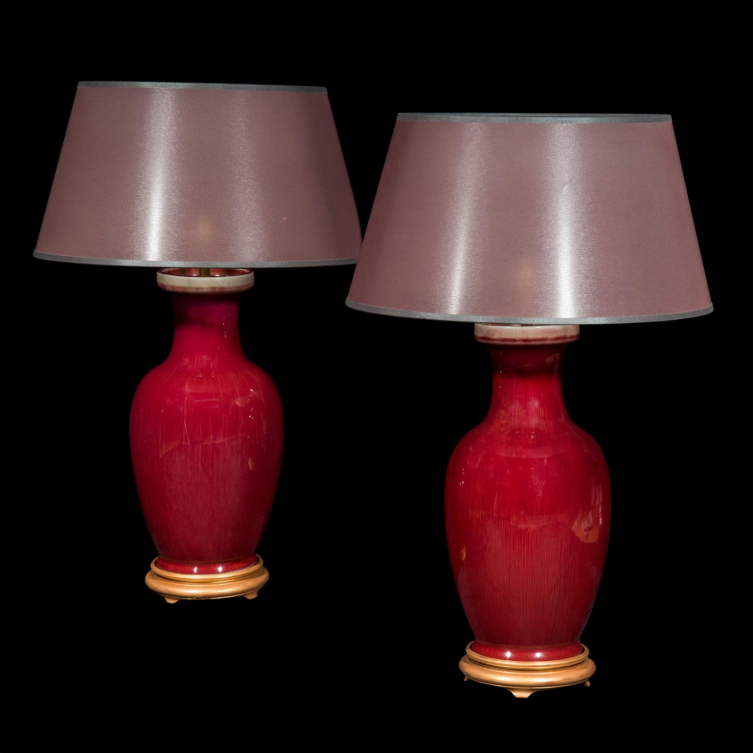 Pair of Chinese Sang-de-Boeuf Oxblood Glazed Porcelain Vase Lamps 4